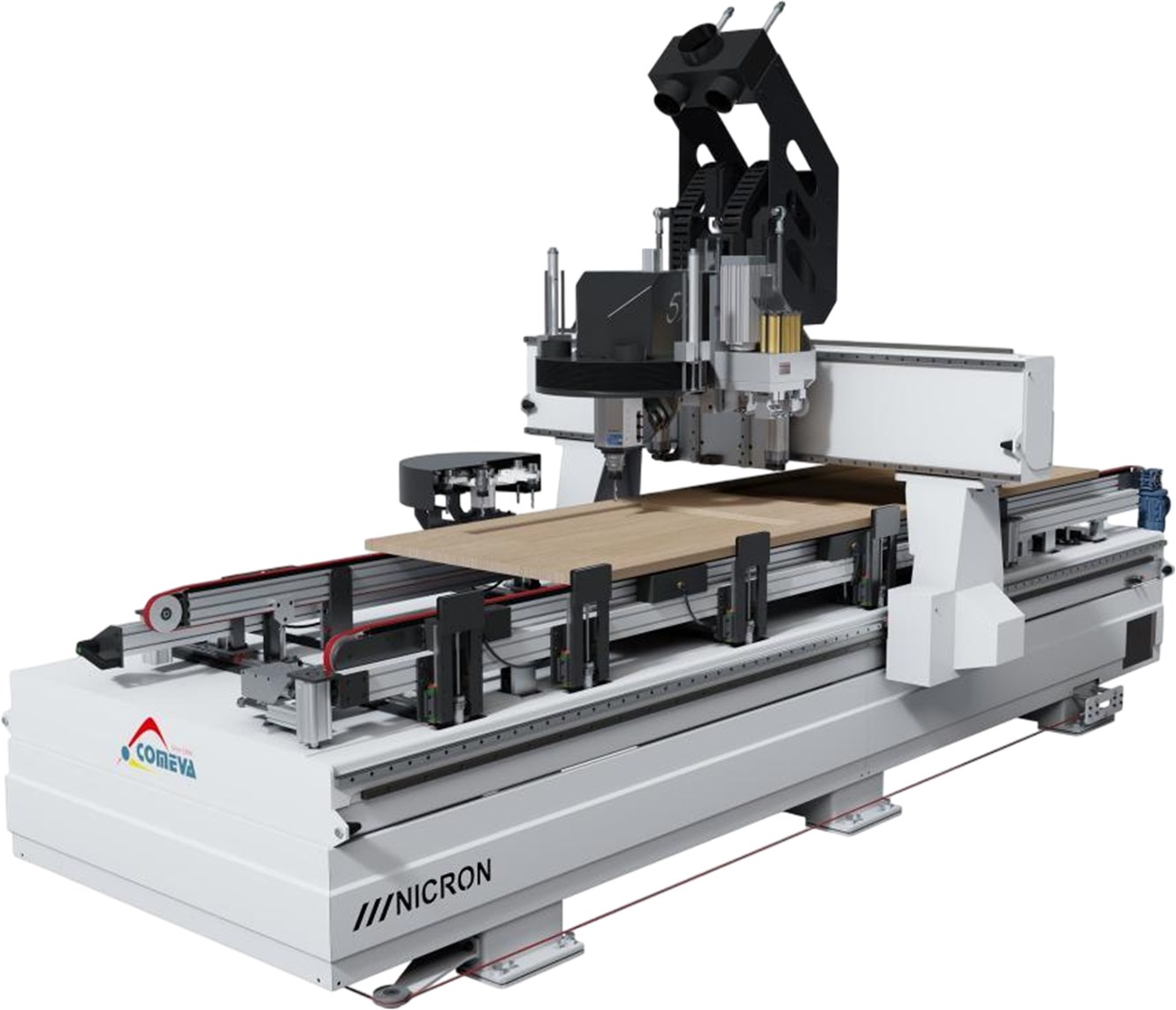 CNC-Bearbeitungszentrum Comeva Nicron, mit Holzplatte auf dem Tisch